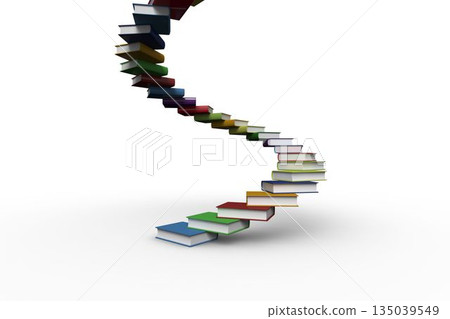 Floating book staircase twisting upward in flat design on white backdrop, with multicolored books 135039549