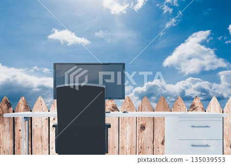 Minimalist outdoor workspace setup is featuring white desk with monitor and chair in flat design Minimalist outdoor workspace setup is featuring white desk with monitor and chair in flat design 135039553