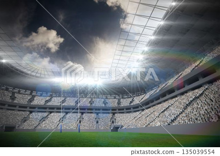 Flat design stadium crowd scene is showing rugby posts, green field and steel roof with floodlights 135039554