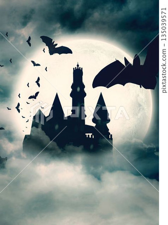 Digital composite image of bats and castle against moon 135039571