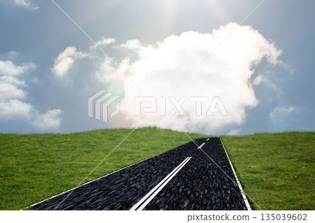 Asphalt road is climbing green grass hill in flat design, displaying dashed lines and clouds Asphalt road is climbing green grass hill in flat design, displaying dashed lines and clouds 135039602