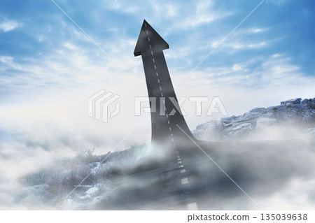 Surreal flat design showing rising asphalt arrow road from rocky grass plateau under misty clouds 135039638