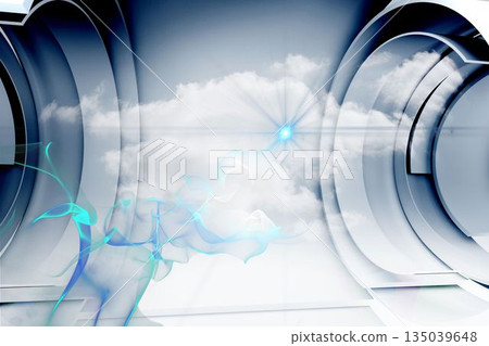 Cloud is glowing in portal with blue star light hovering blue-green wisps, framing metal rings 135039648