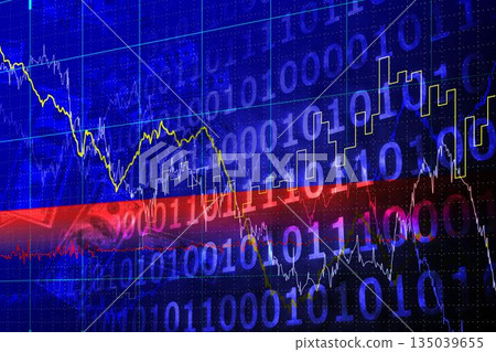 Market visual is showing in flat design with colored bands, binary code, line charts, bar charts Market visual is showing in flat design with colored bands, binary code, line charts, bar charts 135039655