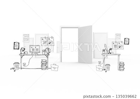 Minimalist line-art office scene is depicting open doorway flanked by desks with lamps Minimalist line-art office scene is depicting open doorway flanked by desks with lamps 135039662