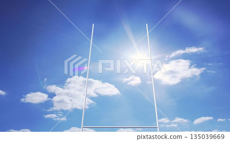 Flat design white goalpost is standing under bright blue sky with scattered clouds and sunburst 135039669