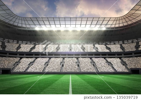 Flat design is showing soccer stadium with green pitch, stands and floodlights on curved roof 135039719