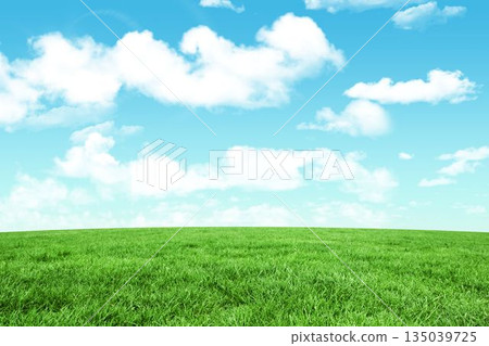 Grass field is stretching under bright blue sky in flat design, featuring white cumulus clouds 135039725
