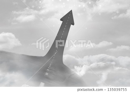 Dark asphalt road is morphing into upward arrow in flat design amid clouds, with dashed line Dark asphalt road is morphing into upward arrow in flat design amid clouds, with dashed line 135039755