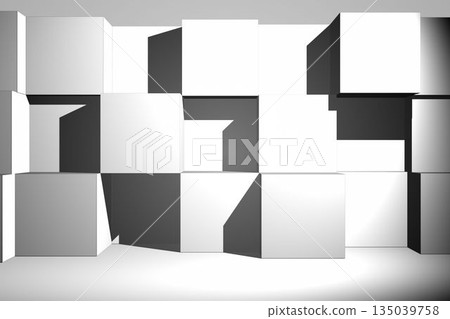3D render is showing white cubes forming geometric grid in minimalist studio casting sharp shadows 3D render is showing white cubes forming geometric grid in minimalist studio casting sharp shadows 135039758