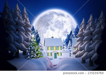 Flat design is featuring cottage with lighted Christmas tree under full moon in snowy pine forest Flat design is featuring cottage with lighted Christmas tree under full moon in snowy pine forest 135039769