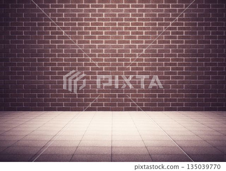 3D render is showing empty room with grey tiled floor meeting reddish-brown brick wall, copy space 3D render is showing empty room with grey tiled floor meeting reddish-brown brick wall, copy space 135039770