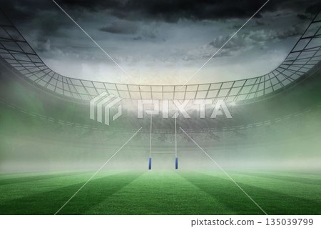 Rugby goalposts are standing on misty grass pitch in flat vector stadium with floodlights Rugby goalposts are standing on misty grass pitch in flat vector stadium with floodlights 135039799