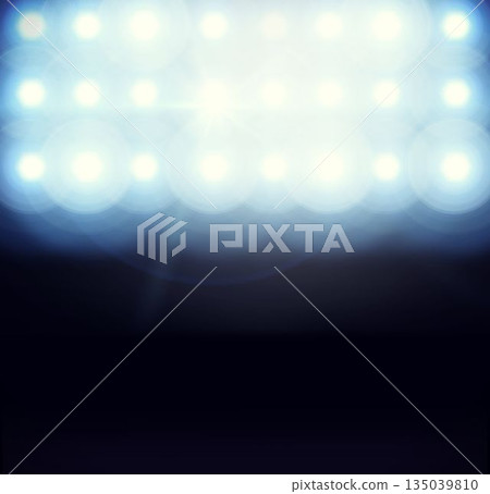 Stadium floodlights are glowing in nighttime vector illustration, emitting lens flare circles 135039810