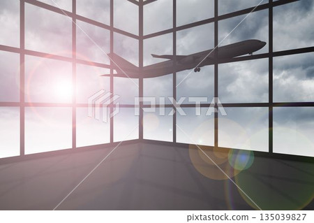 Airplane flying past window Airplane flying past window 135039827
