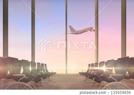 Airplane flying past departures lounge window 135039836