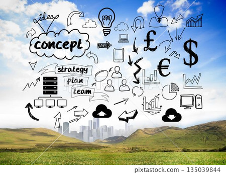 Business graphics over landscape Business graphics over landscape 135039844
