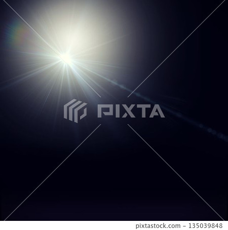 Showing vector bright white lens flare starburst at left radiating beams across dark navy gradient Showing vector bright white lens flare starburst at left radiating beams across dark navy gradient 135039848