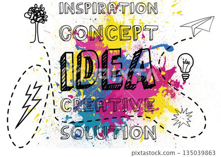 Showing 3D IDEA over multicolor splash on white background with doodles linking motivational words Showing 3D IDEA over multicolor splash on white background with doodles linking motivational words 135039863