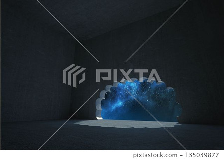 Flat design is showing scalloped portal revealing starry nebula in dark concrete chamber with glow Flat design is showing scalloped portal revealing starry nebula in dark concrete chamber with glow 135039877