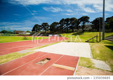 Long jump runway and sandpit are stretching across grassy field in flat design, showing red track Long jump runway and sandpit are stretching across grassy field in flat design, showing red track 135039885