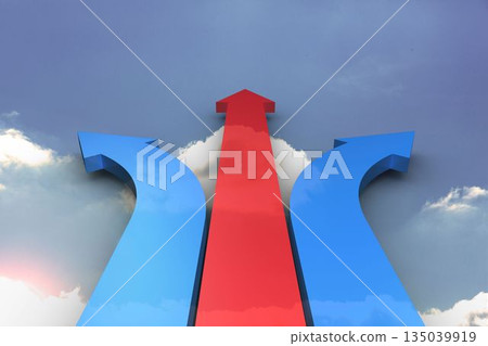 Red and blue arrows pointing against sky 135039919