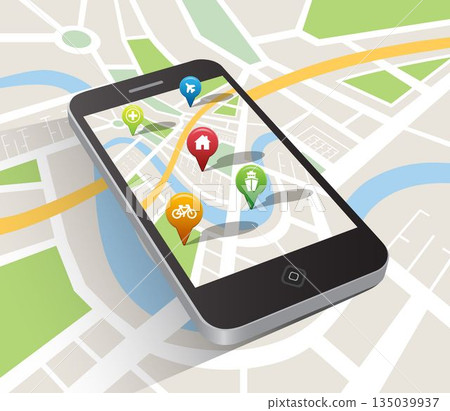 Navigation pointers on mobile phone screen 135039937