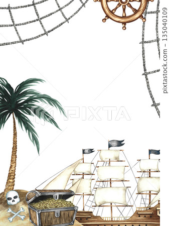 Treasure Island frame. Hand-drawn watercolor illustrations. A pirate ship, a chest of gold coins on an island under a palm tree, and other maritime elements. For postcards, posters, flyers, and more. Treasure Island frame. Hand-drawn watercolor illustrations. A pirate ship, a chest of gold coins on an island under a palm tree, and other maritime elements. For postcards, posters, flyers, and more. 135040109