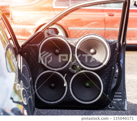 Custom-Made Car Door Panel With Multiple Speakers. Automotive Audio System For Loud Music. 135040171