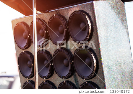 Massive Speaker Array For Car Audio Competition. Multiple Woofers In A Custom Glitter Enclosure. Massive Speaker Array For Car Audio Competition. Multiple Woofers In A Custom Glitter Enclosure. 135040172