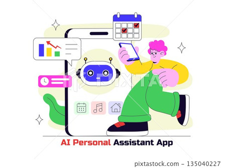 AI Personal Assistant App Vector Illustration Featuring Smart Digital Assistant Interface, Modern Mobile Technology, and Intelligent Automation 135040227