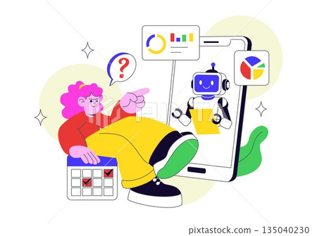 AI Personal Assistant App Vector Illustration Featuring Smart Digital Assistant Interface, Modern Mobile Technology, and Intelligent Automation AI Personal Assistant App Vector Illustration Featuring Smart Digital Assistant Interface, Modern Mobile Technology, and Intelligent Automation 135040230