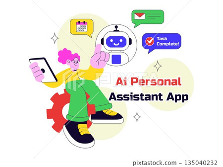 AI Personal Assistant App Vector Illustration Featuring Smart Digital Assistant Interface, Modern Mobile Technology, and Intelligent Automation AI Personal Assistant App Vector Illustration Featuring Smart Digital Assistant Interface, Modern Mobile Technology, and Intelligent Automation 135040232