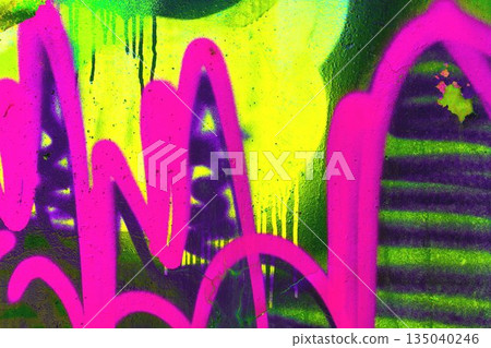 Bright Neon Pink and Yellow Graffiti Wall Art with Acid, 90s Street Style 135040246