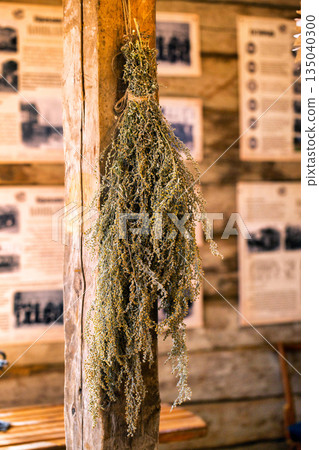 A bunch of dried medicinal oregano hangs on a wooden pole in a village hut, close-up 135040300
