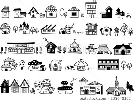 Hand-drawn illustrations of various houses (monochrome) 135040302