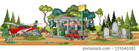 Rural Forest Gas Station With Airplane And Truck 135040381