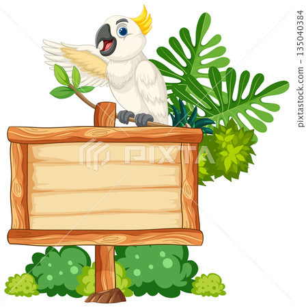 Cockatoo Perched on Wooden Jungle Sign with Foliage 135040384