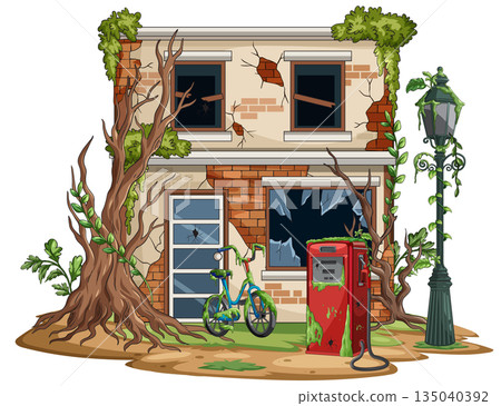 Abandoned Gas Station Overgrown With Vegetation and Broken Windows 135040392