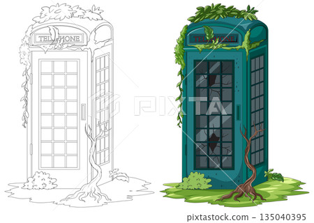 Overgrown Abandoned Telephone Booth with Broken Glass 135040395