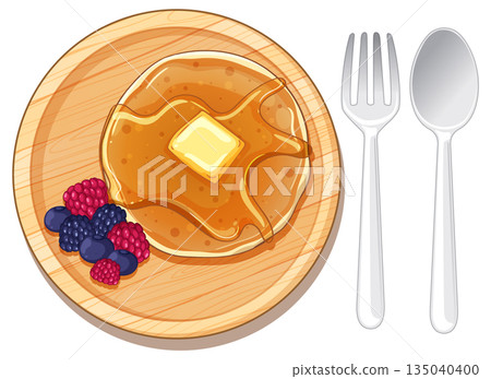 Pancake with Berries and Syrup on Wooden Plate 135040400