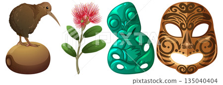 New Zealand Icons: Kiwi Bird, Pohutukawa, Tiki, Maori Mask 135040404