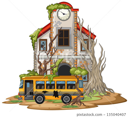 Abandoned School Building and Bus Overgrown by Nature 135040407