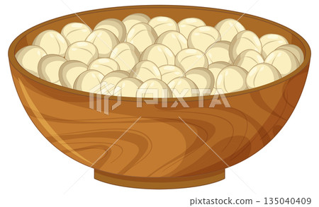 Wooden Bowl Filled With Round White Dumplings 135040409