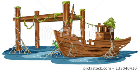 Abandoned Wooden Boat Entangled in Mangrove Roots at Pier 135040410