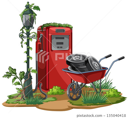 Abandoned Gas Pump with Overgrown Vegetation and Wheelbarrow 135040418