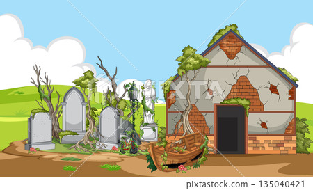 Abandoned Cemetery and Ruined House Overgrown with Vegetation 135040421