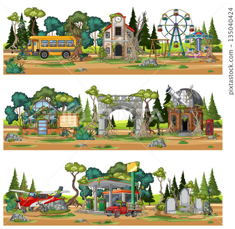 Abandoned Amusement Park and Town Ruins in Forest Abandoned Amusement Park and Town Ruins in Forest 135040424