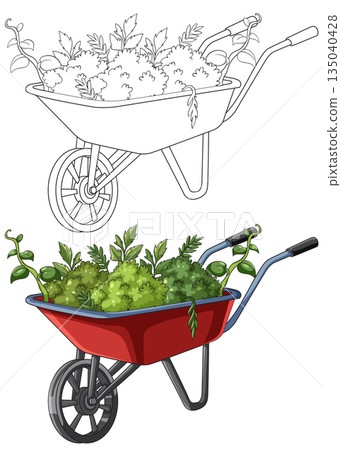 Red Wheelbarrow Filled With Green Garden Plants Illustration Red Wheelbarrow Filled With Green Garden Plants Illustration 135040428