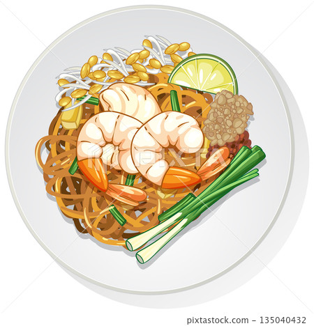 Shrimp Pad Thai Noodles with Lime and Bean Sprouts 135040432